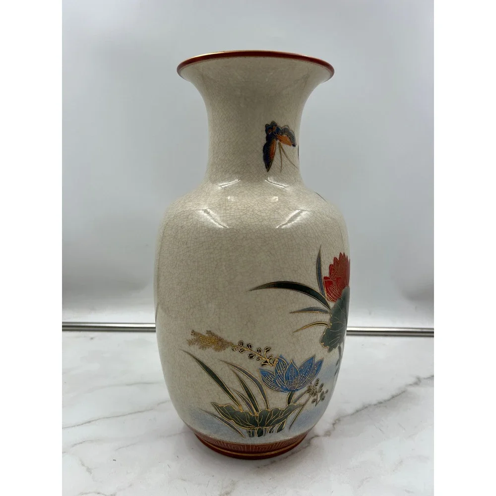 Toyo Japan Kutani Satsuma Hand Painted Crackle Glaze Floral Butterfly Vase Gold